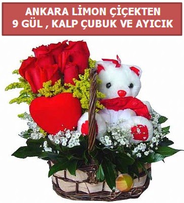 Kalp çubuk sepette 9 gül ve ayıcık  Ankara Keçiören online çiçekçi , çiçek siparişi 