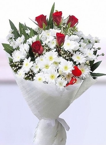 Sevdiğime papatya ve 5 kırmızı gül buketi  Ankara Keçiören çiçek siparişi vermek 