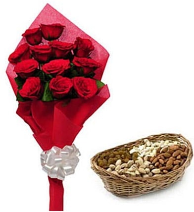 11 adet kırmızı gül ve sepette kuruyemiş  Ankara bağlum online çiçek gönderme sipariş 