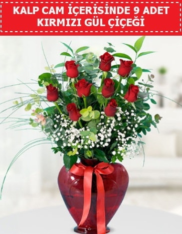 Kırmızı kalp camda 9 kırmızı gül  Ankara esertepe çiçek yolla , çiçek gönder , çiçekçi  
