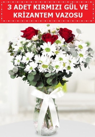 3 kırmızı gül ve camda krizantem çiçekleri  Ankara etlik İnternetten çiçek siparişi 