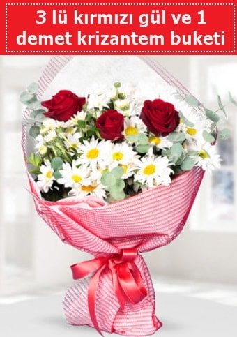3 adet kırmızı gül ve krizantem buketi  Ankara kalaba çiçek gönderme sitemiz güvenlidir 